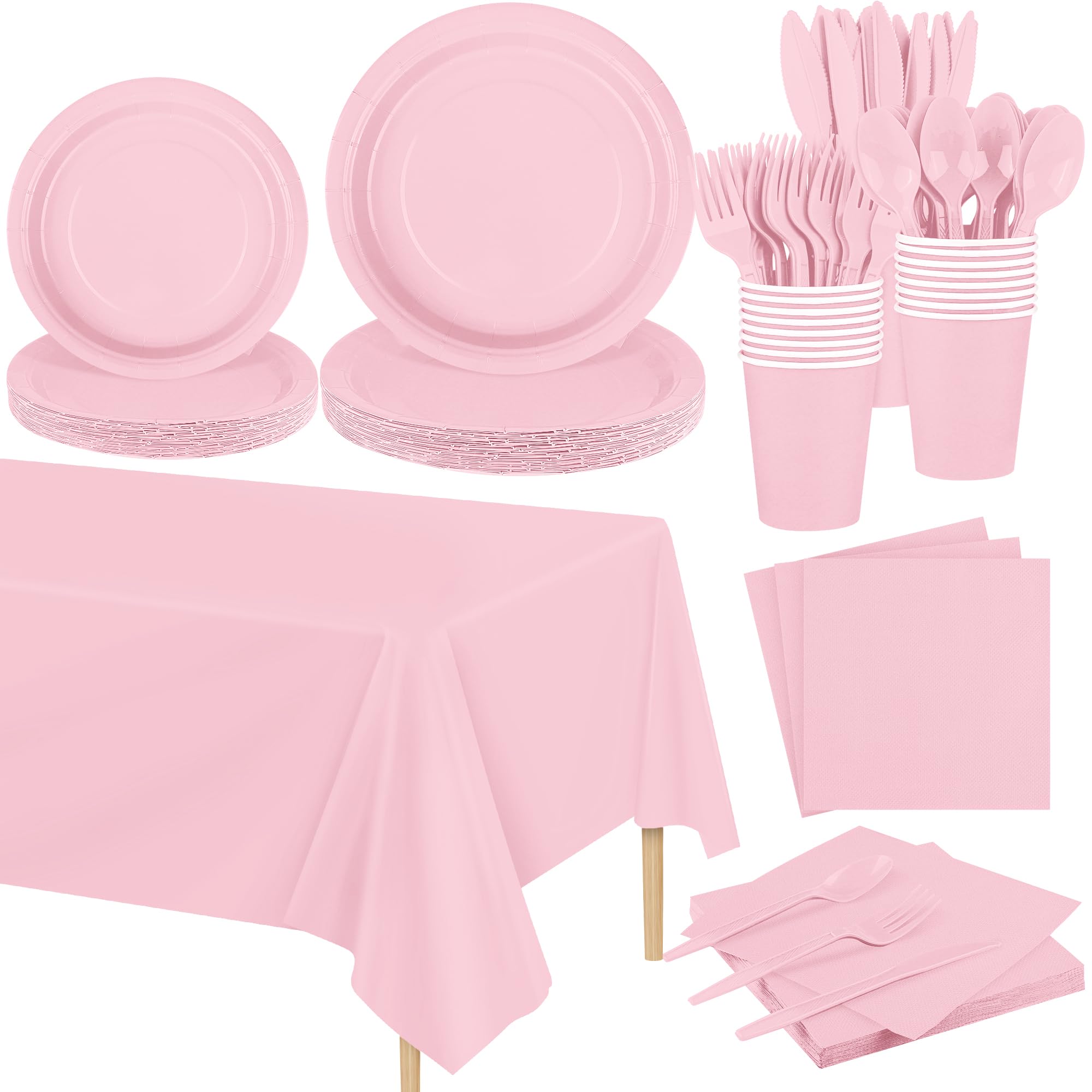 Kochorie 169 Pieces Light Pink Party Supplies Disposable Dinnerware Set Include Plates and Cups Napkins Plastic Forks Knives Spoons Tablecloth for