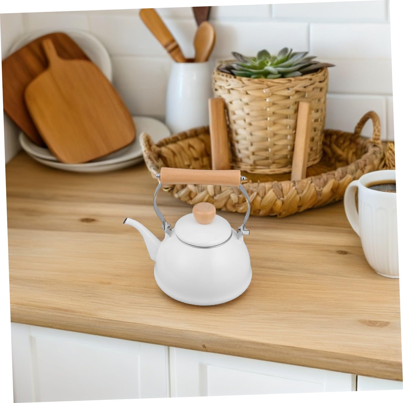 Bollitore Smaltato Bianco 1,4l con Manico in Legno Vintage