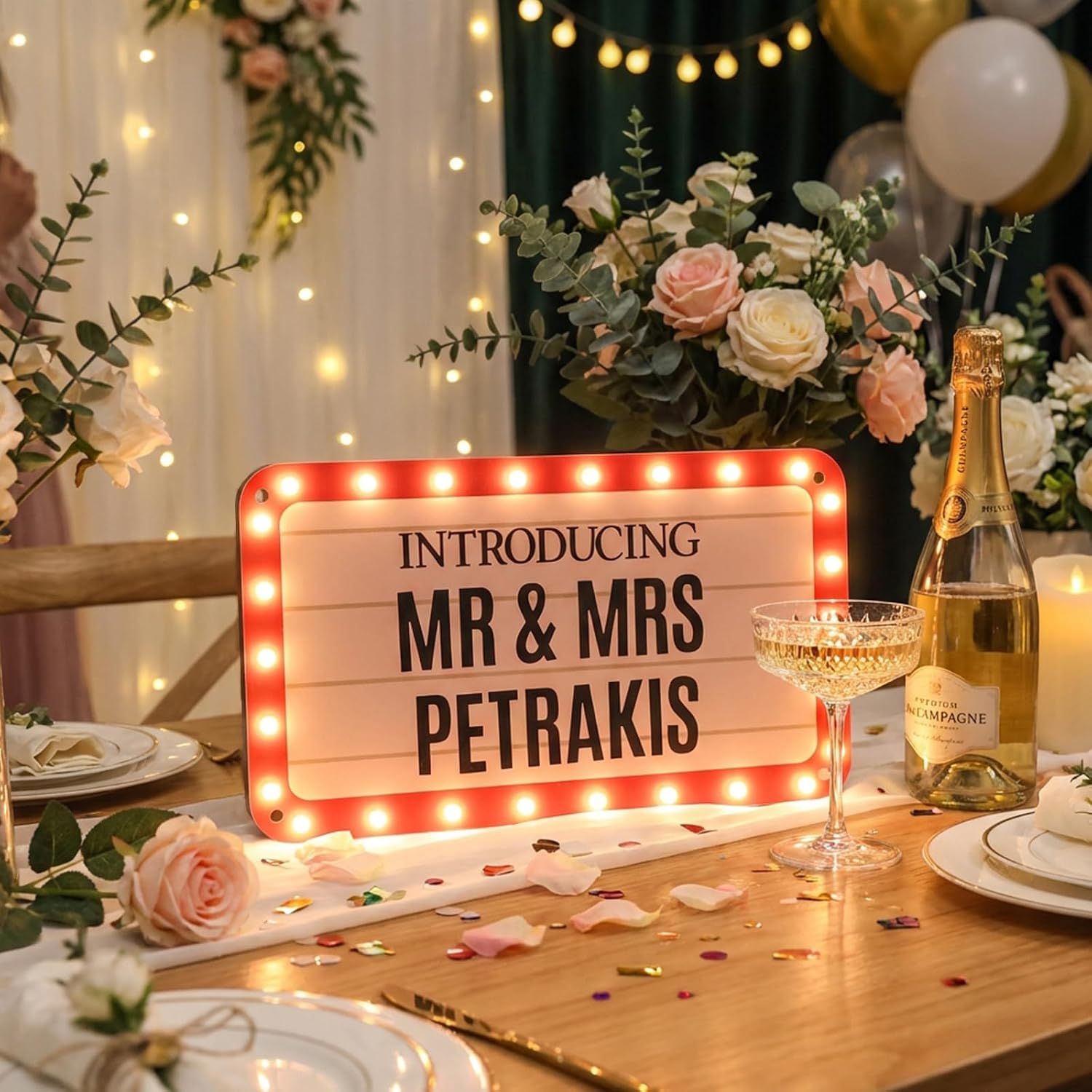 Wedding Bottle Service Sign, Personalized DIY Stickers VIP LED Bottle Girl Sign Props for Club Bridal Engagement Anniversary Party, Handheld Light up Marquee Sign with Lights 16 IN (Warm white)