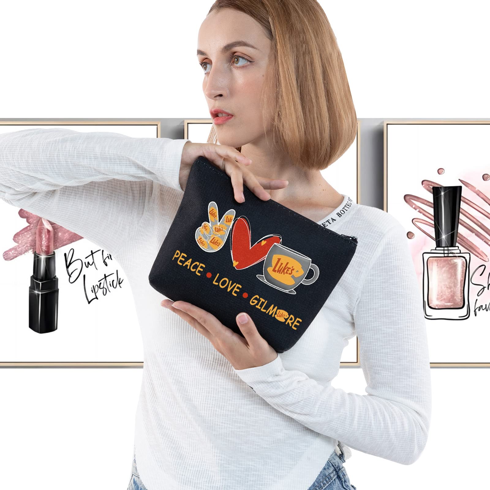 LEVLO Funny Girls Inspired Cosmetic Bag Luke's Fans Gift Peace Love Luke's Makeup Zipper Pouch Bag for Friend Family BFF Peace Luke's Black - Image 3
