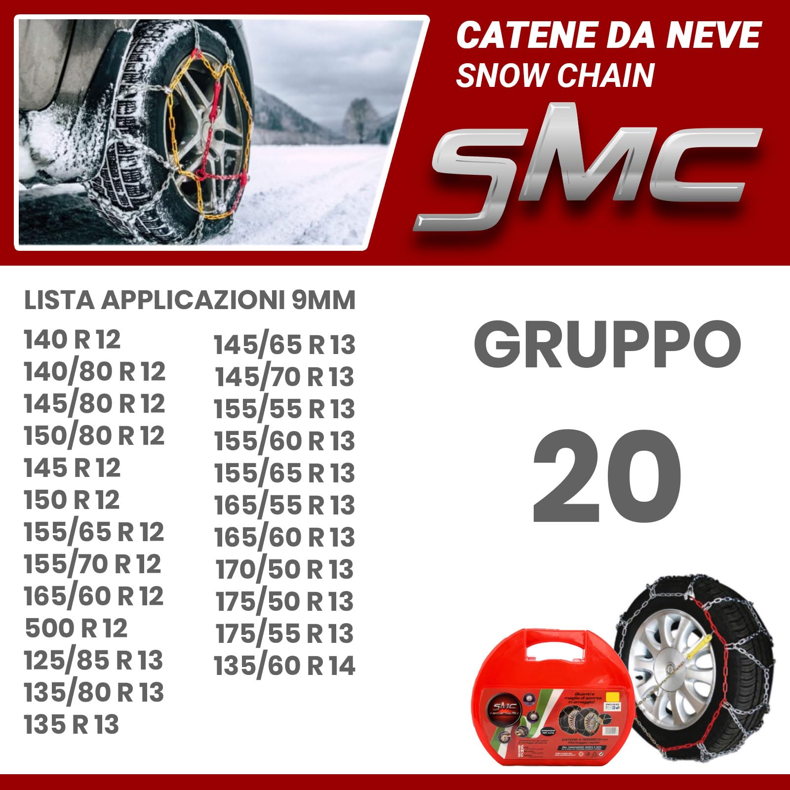 Catene da Neve OMOLOGATE O-Norm TUV SMC 9mm per Pneumatici GOMME 155/65 R 13