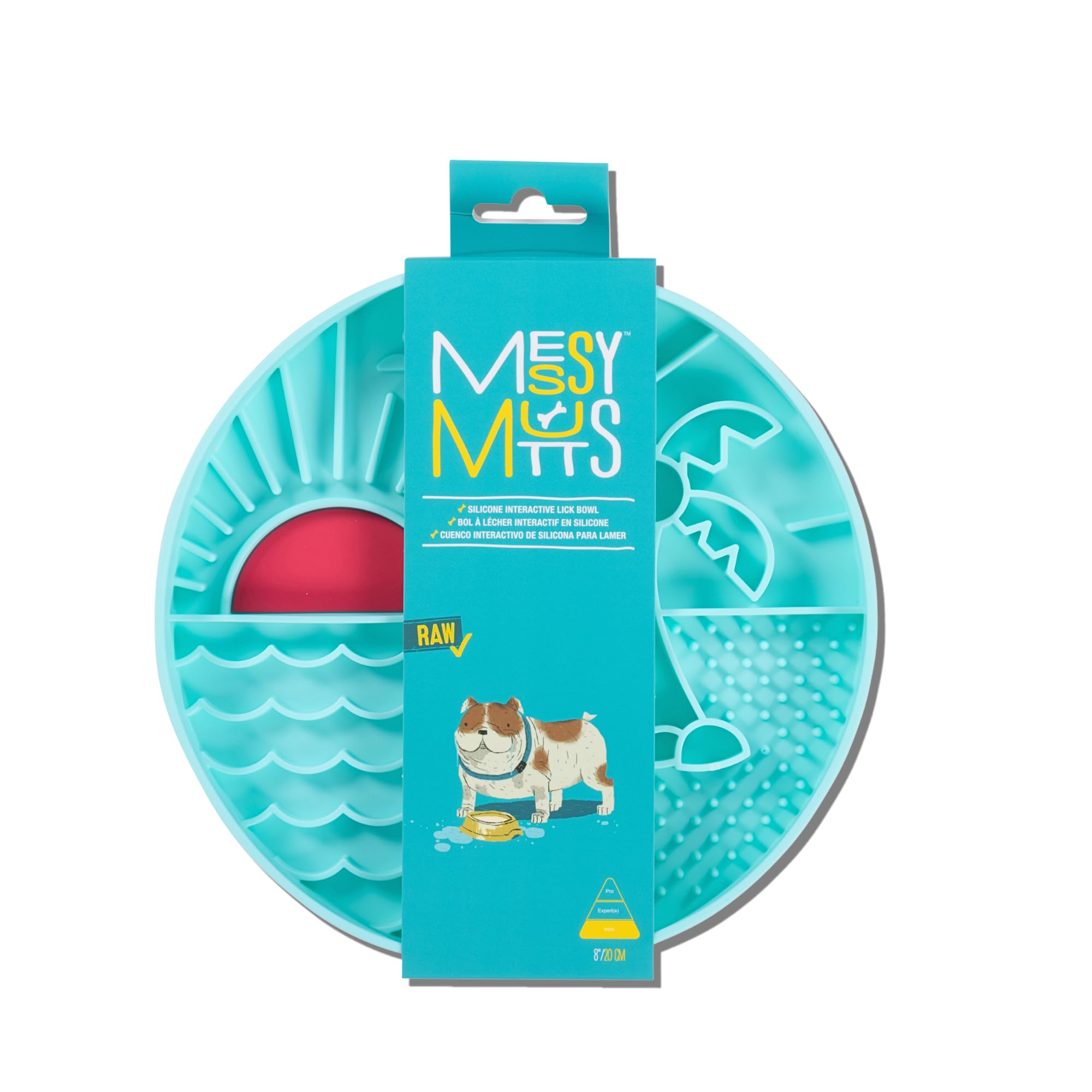 Messy Mutts and Cats - Alimentador lento interactivo | Color verde azulado playa - Capacidad de 2 tazas | Rompecabezas redondo de silicona de 8 pulgadas para perros y gatos | Plato de alimentos