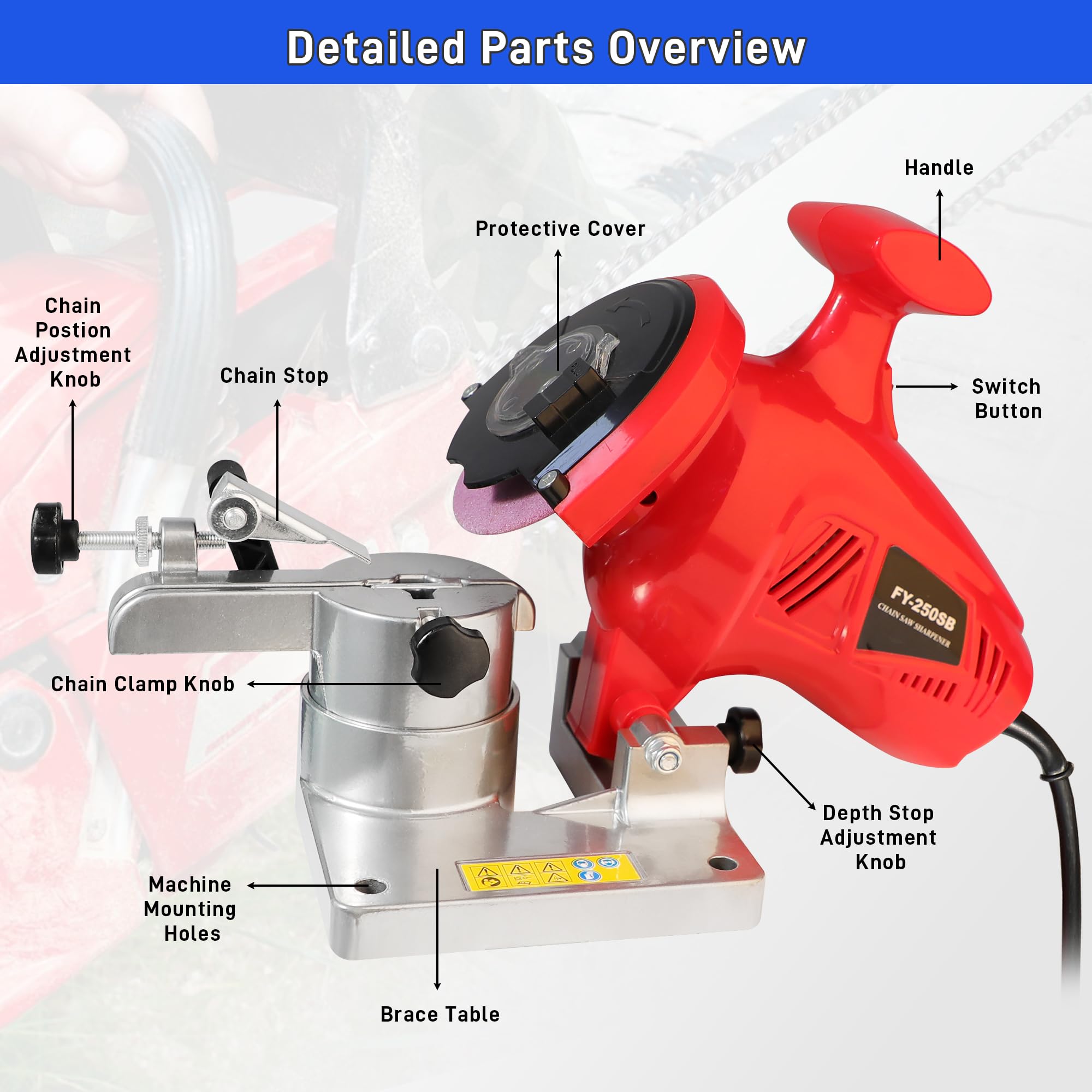 Afilador eléctrico de motosierra, herramienta afiladora de motosierra de 250 W con 4 ruedas abrasivas, amoladora de cadena de motosierra de 8400 RPM con ángulo ajustable para cadenas de 1/4 pulgadas a