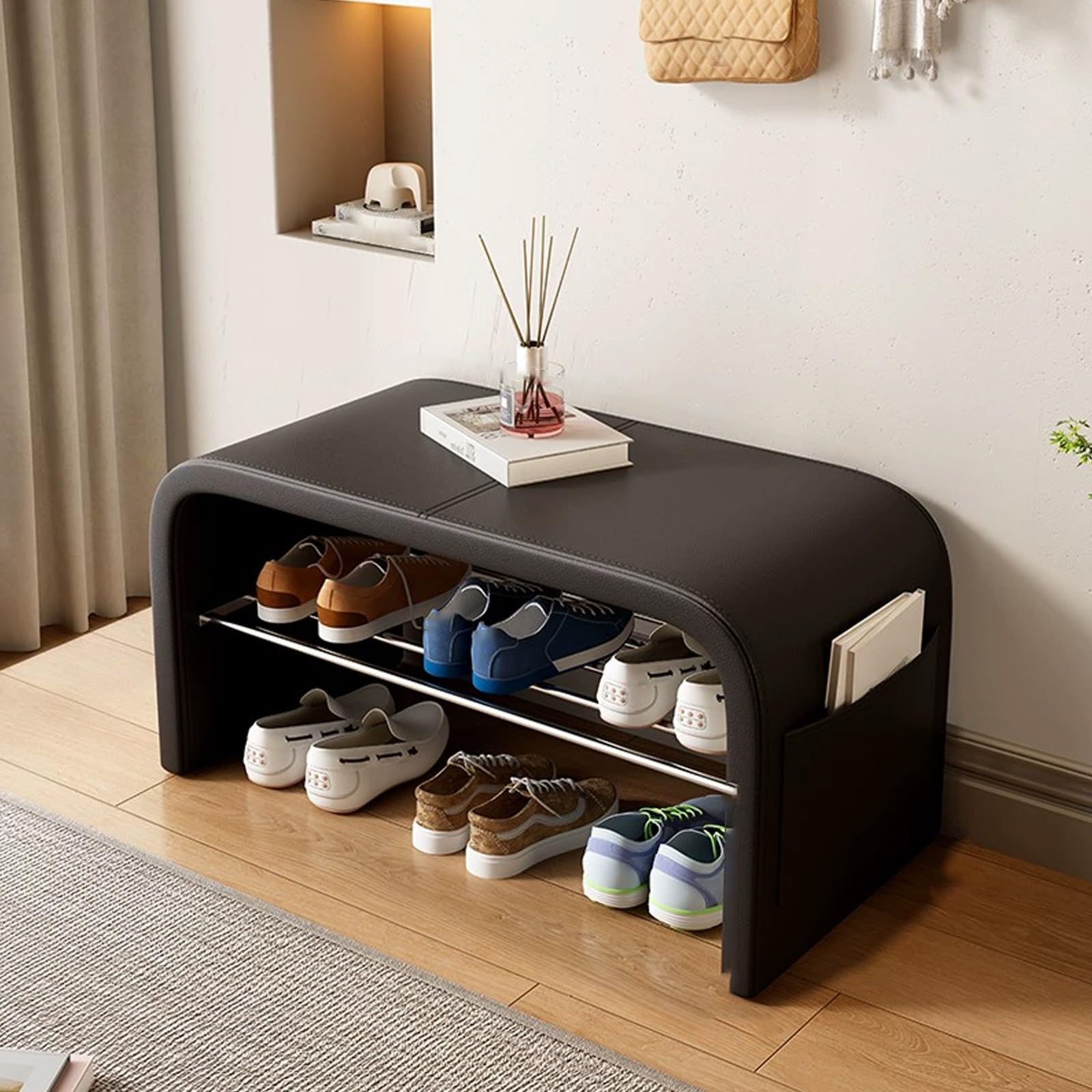Moderno banqueta baño con asiento con tapizado, asiento zapatero entrada con banco, interior reposapies sofa, banco recibidor entrada, para pasillos, salones, vestíbulos, dormitorios y porches.
