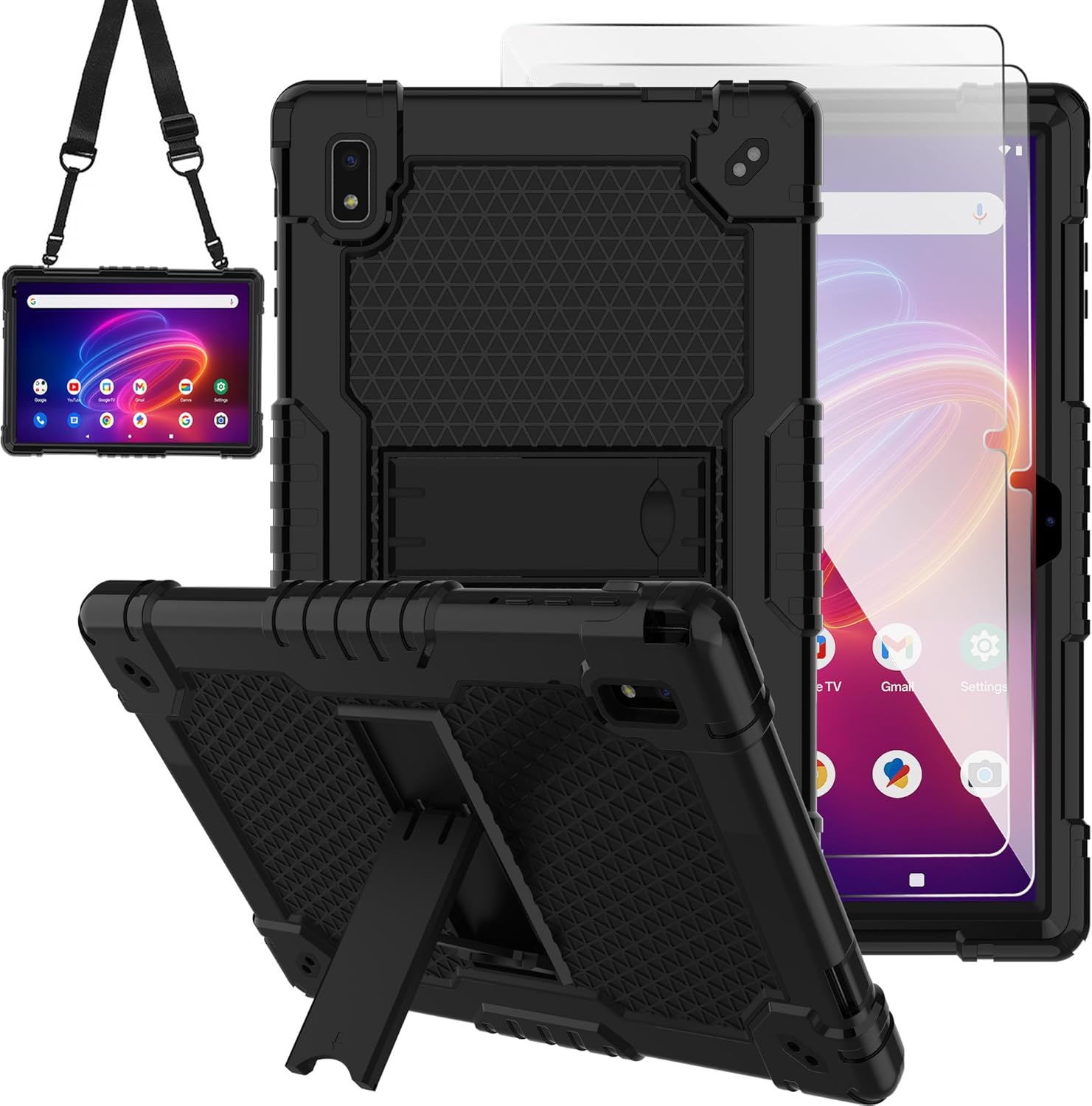 case for BYYBUO SmartPad A10_L 10.1 inch Android Tablet Shockproof Kids Friendly Protective Case+Shoulder Strap Kickstand for BYYBUO SmartPad A10 10.1 inch Tablet (Black+2 PCS Glass)
