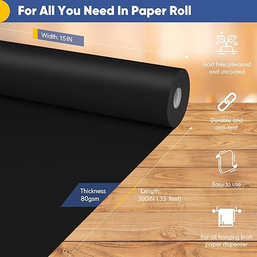 Miniatura 2 de Papel de regalo negro de 15 x 390 pulgadas, papel kraft para manualidades, papel de construcción negro, tablero de anuncios, caballete, pintura,