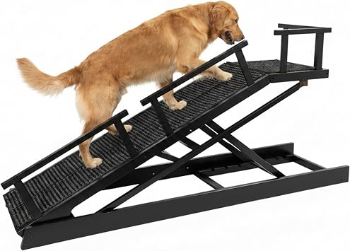 65" Foldable Dog Ramp for Bed, 6-Level Height Adjustable 13"-32.1" with Rest Platform, Carpet Surface Removable Washable Cover & Waterproof Backing, Safety Rails & Glow Strips, for Large Senior Dogs