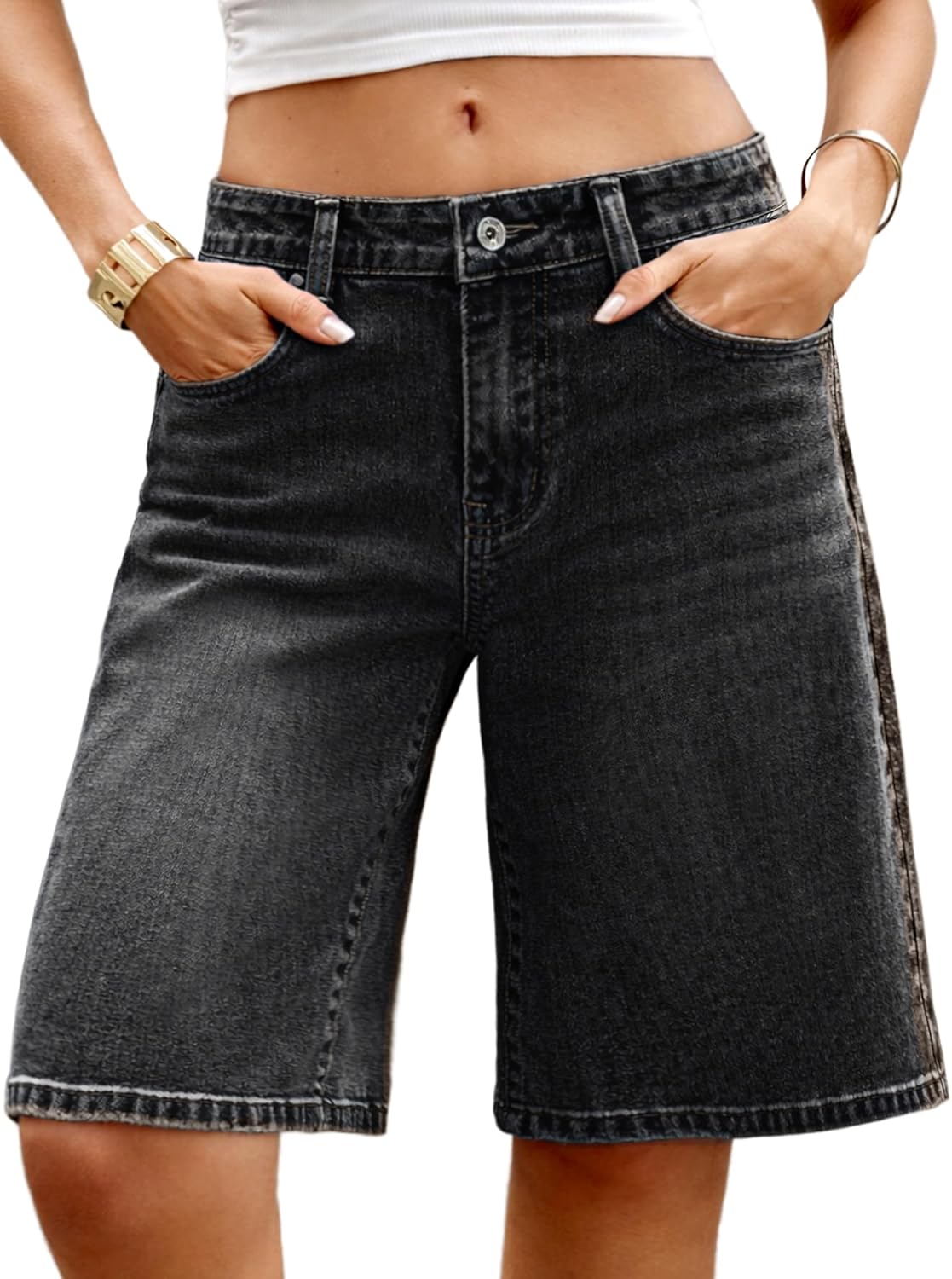 ELLEVEN Low Rise Baggy Denim Shorts Stretchy Bermuda Knee Length Long Shorts for Women Summer Streetwear Short Jeans