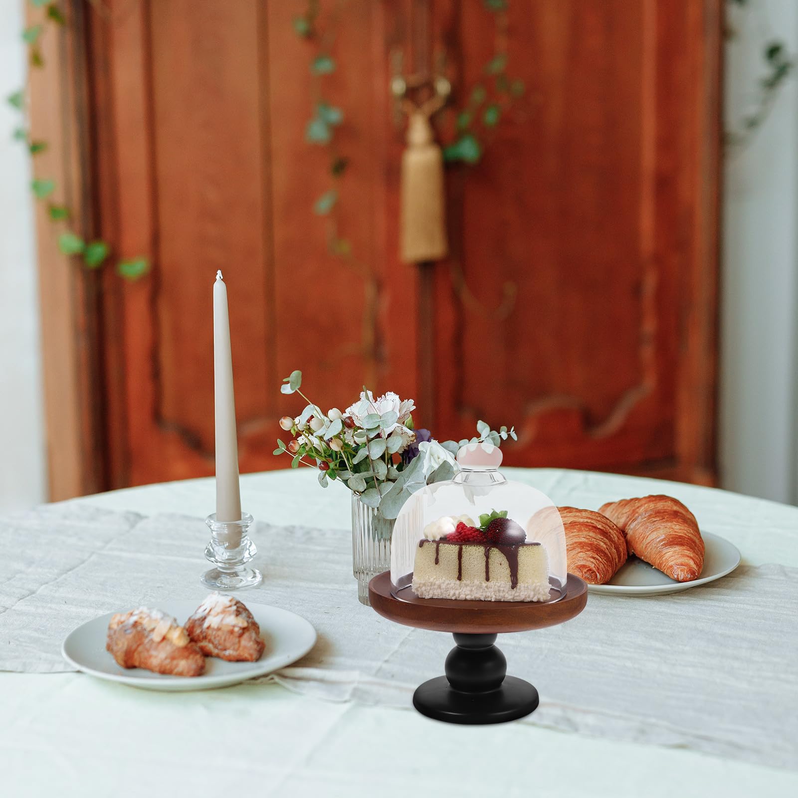 Soporte para Tartas de Madera Marrón con Diseño Vintage y Patas Altas, Adecuado para Exhibir Pasteles, Postres y Frutas en Eventos o Fiestas