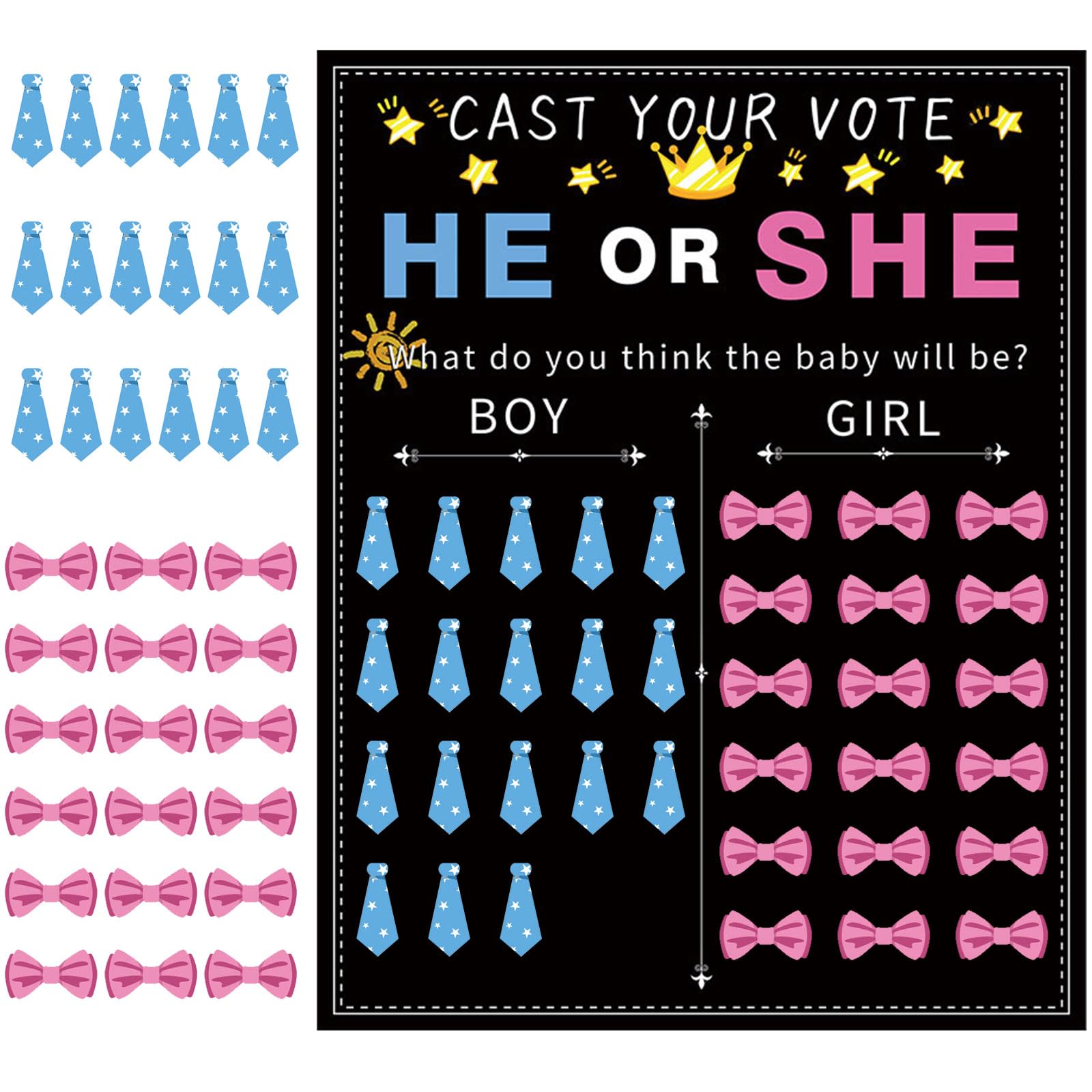 Baby Gender Reveal Party Supplies Kit, He or She Photo Props Games Decorations Gender Reveal Poster with 54 Sheets Blue and Pink Tie Bow Voting
