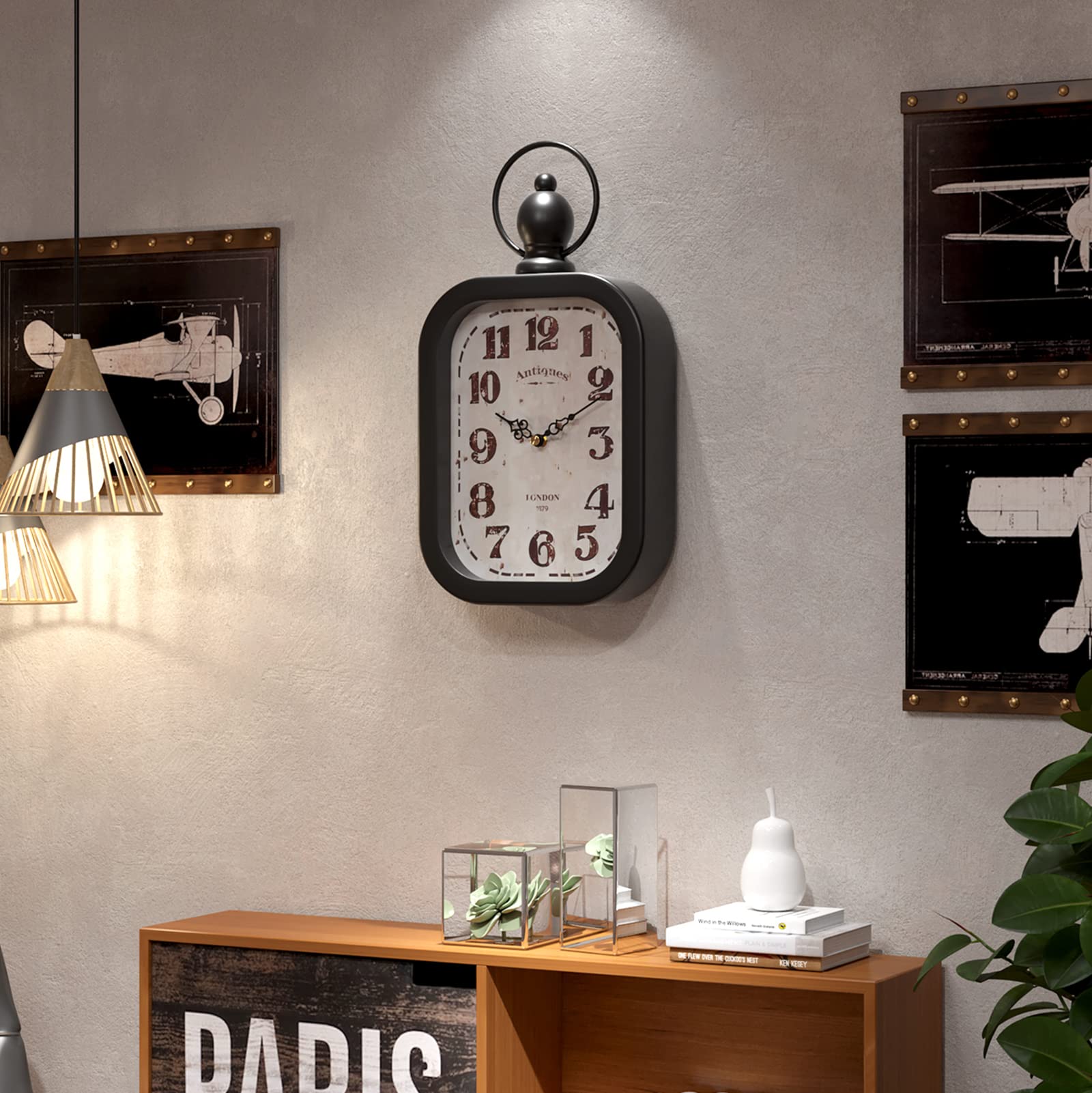 Reloj de pared rectangular retro pequeño, color negro, estilo vintage, decoración para granja, dormitorio, cocina, baño (11 pulgadas de alto x 6.1 pulgadas de ancho) 5