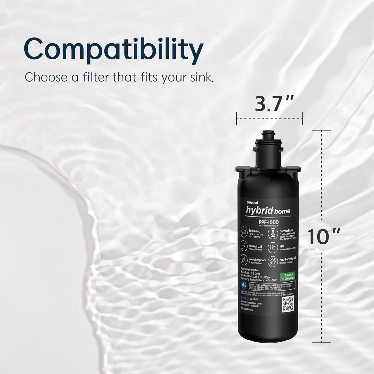 Pureal Hybrid Home PPF-1000 10inch Carbon Block Replacement Filter, 10000 Gallons, Mineral Sediment KDF Polyphosphate, NSF/ANSI 42&372, Under Sink Water Filter for Scale & Lead & Chlorine