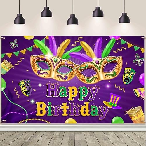 Miniatura 7 de AIBIIN Telón de fondo de Mardi Gras de 7 x 5 pies para fiesta de cumpleaños fotografía morada y dorada pancarta de feliz cumpleaños suministros de