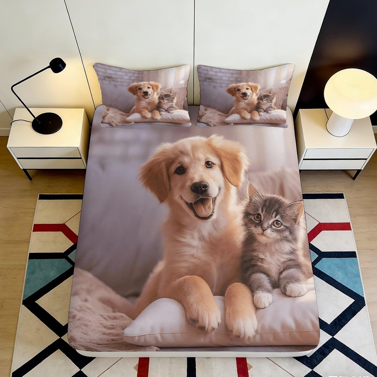 3D Printed Puppy Kitten Fitted Sheet Microfiber Soft Anti-Slip Animal Bed Cover for Bedroom Dorm Easy Care 90x200x25cm