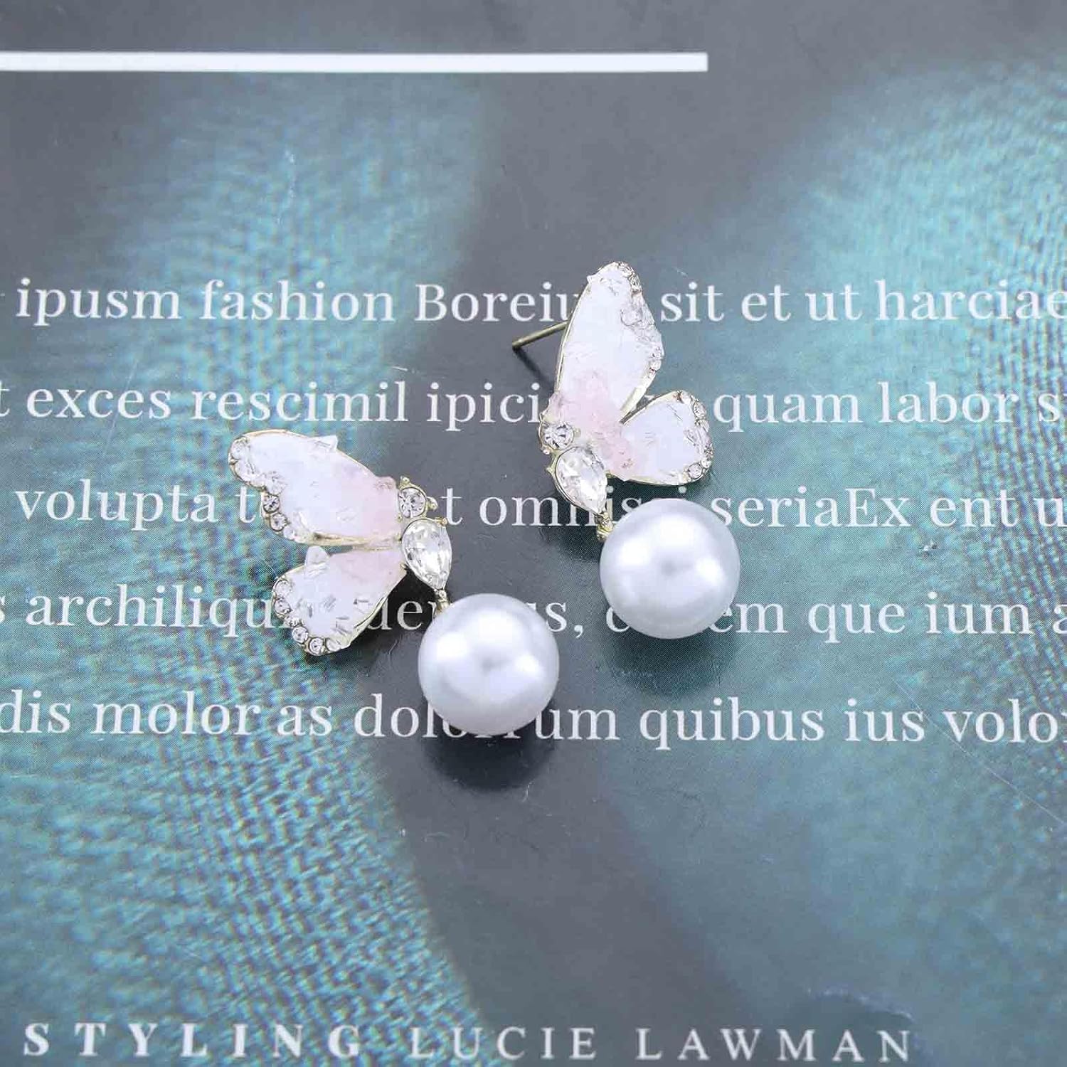 Bohemian Crystal Butterfly Dangle Earrings White Round Pearl Drop Earrings Cz Butterfly Stud Earrings Rhinestone Butterfly Pearl Earrings Jewelry for Women Gifts(Blue) - Image 3