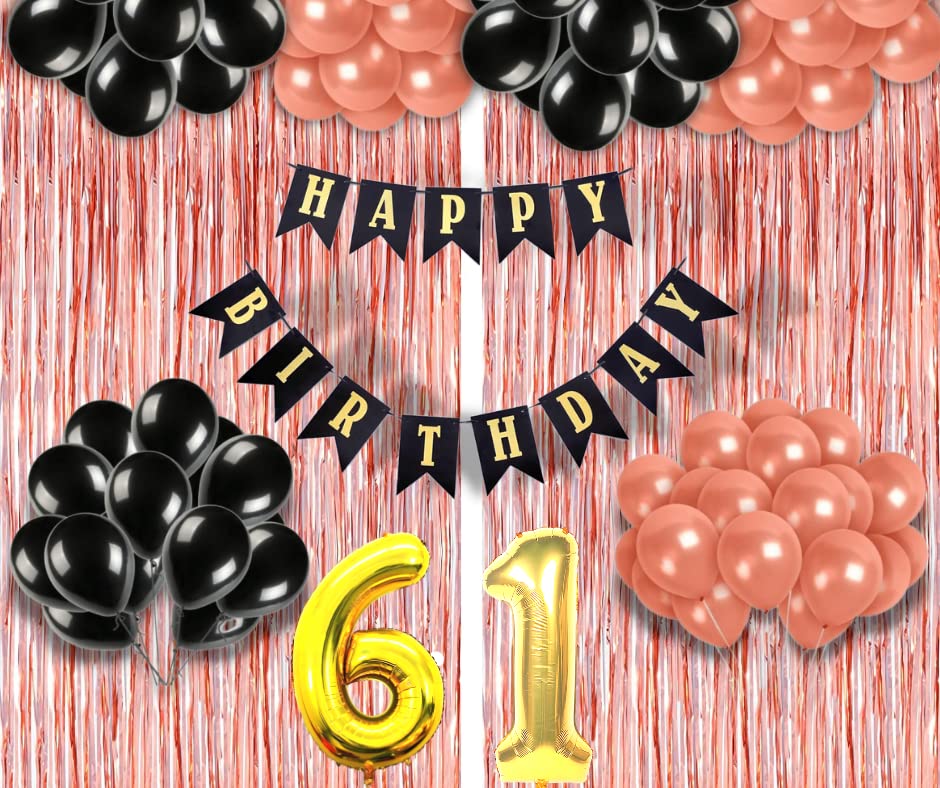 Image of 61st Birthday Decoration items for Girls with Black and Rose Gold Balloons, Black Happy Birthday Banner, Rose Gold Foil Curtain, Foil Balloon number 61