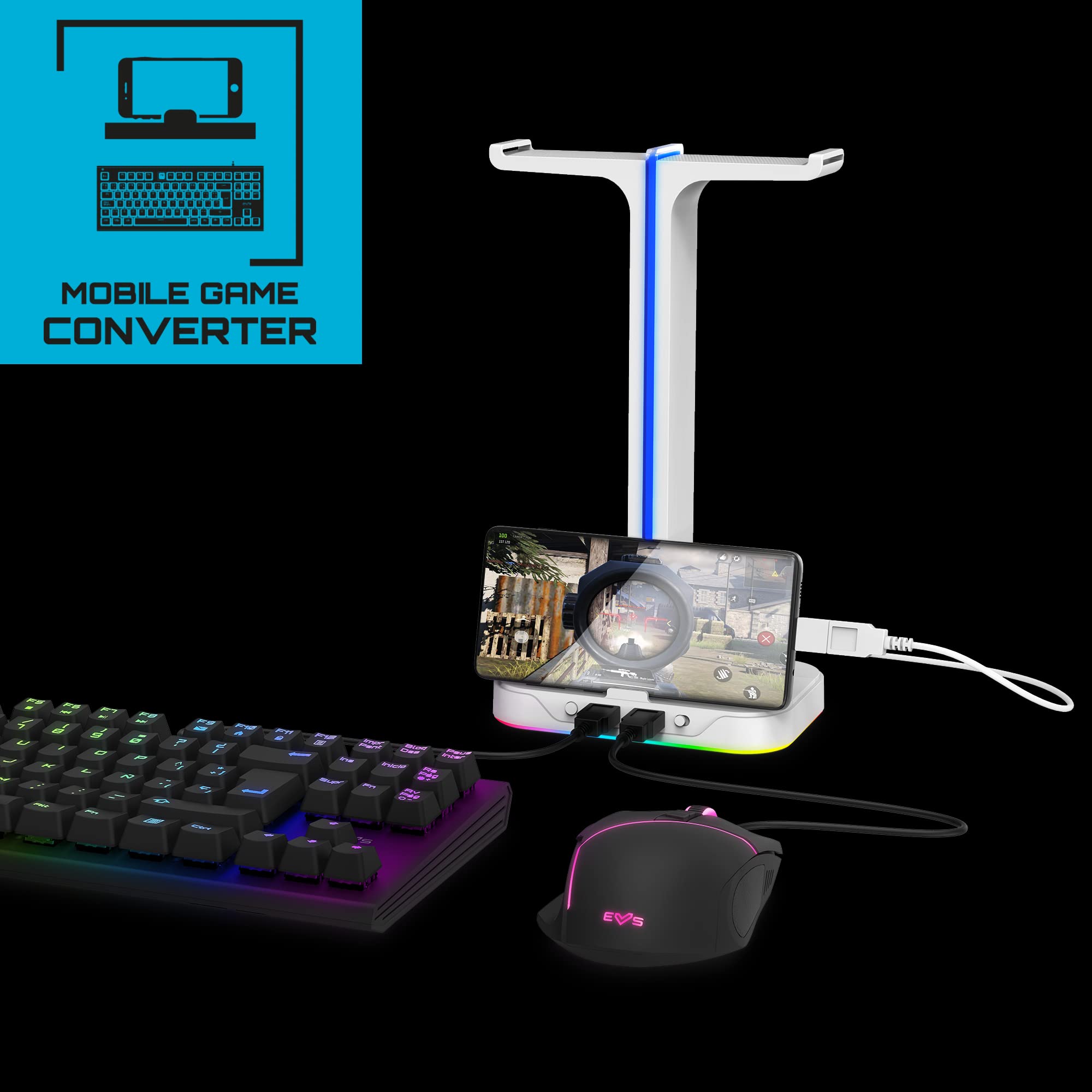 Energy Sistem ES Gaming Headset Stand ESG S3 Duo (Soporte para 2 Auriculares, Dos Puertos USB, 3 Efectos RGB, Base antidelizante, Mobile Game Converter) - Blanco