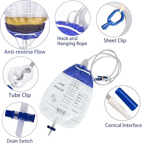 Miniatura 3 de Bolsas de drenaje urinario con drenaje de tubo de 48 pulgadas, clips y gancho para colgar, bolsas de orina con cámara antirreflujo, bolsa de