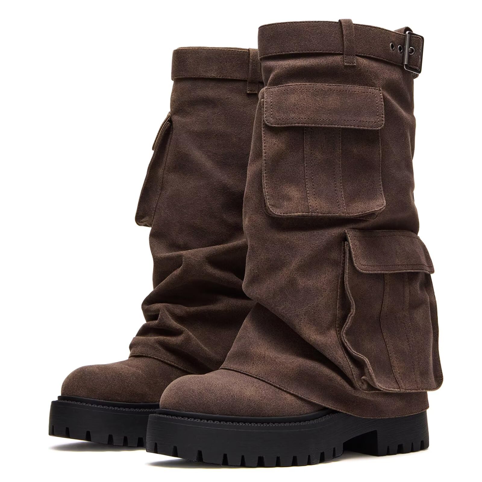 Agodor Womens Fold Over Boots for Women Platform Knee High Boots Round Toe Pull On Riding Biker Booties