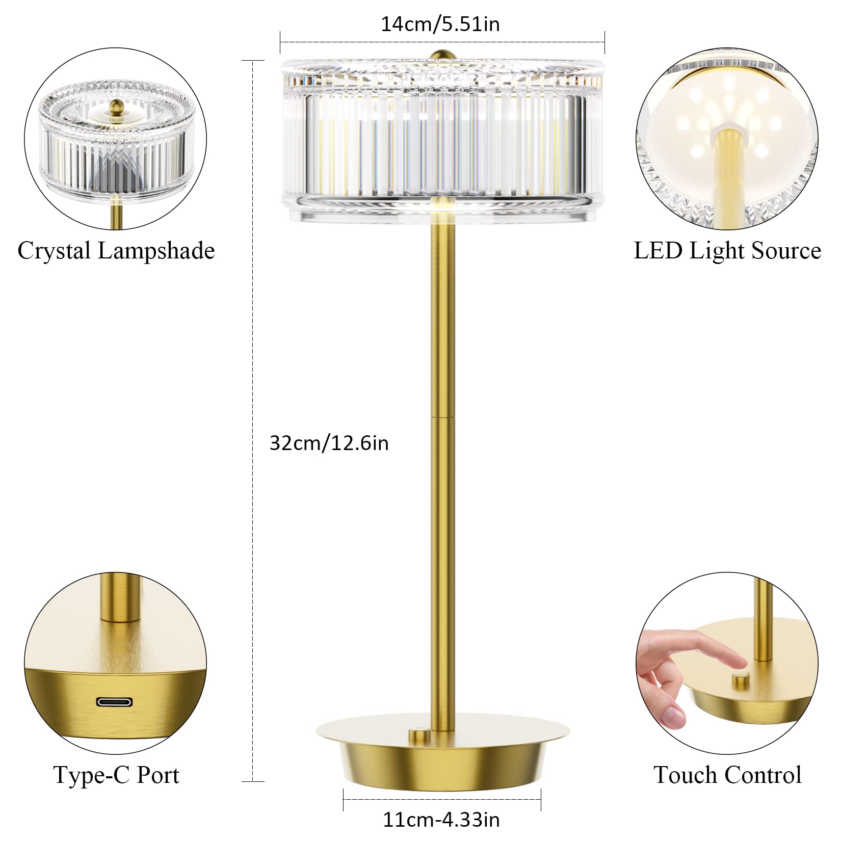 Ralbay Dimmable Crystal Table Lamp,Gold Rechargeable Battery Operated