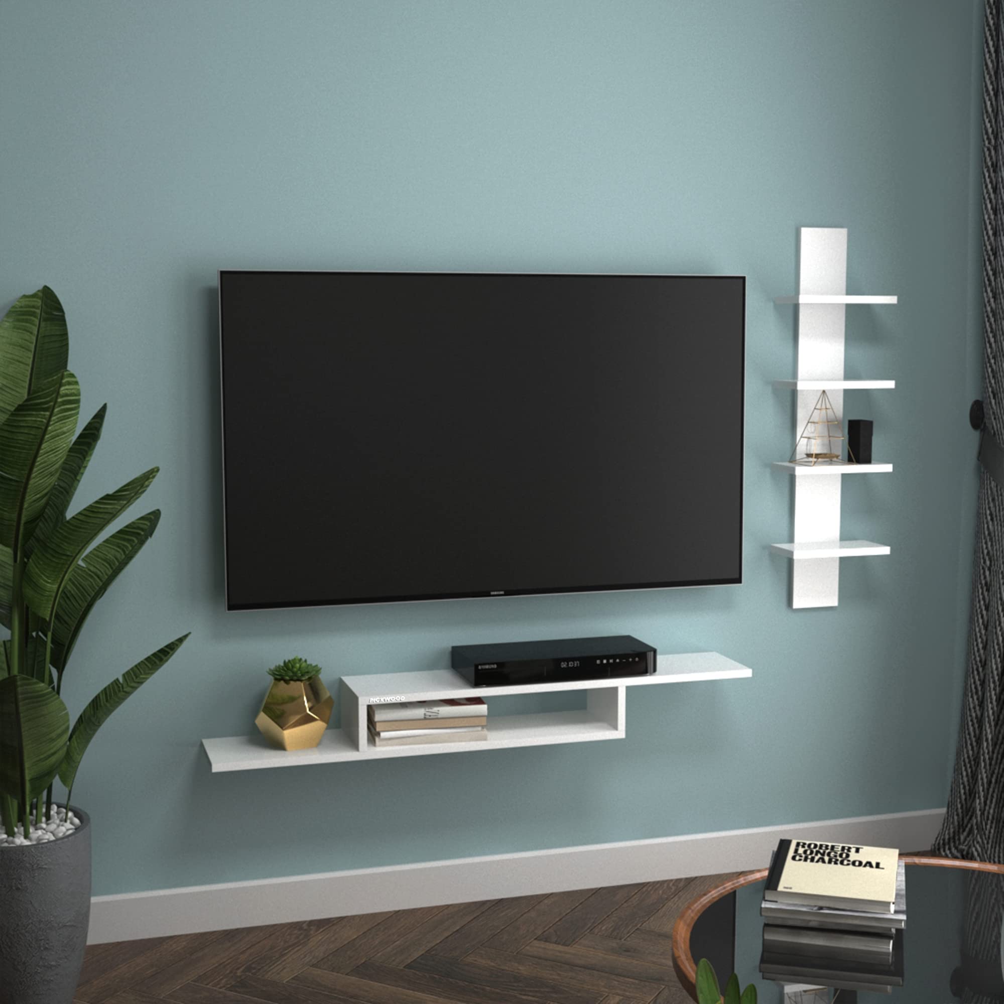 Jaxson Durable Engineered Wood Wall Mount TV Entertainment Unit Stand Set Top Box Stand for Living Room White Large (Ideal for up to 50") Screen