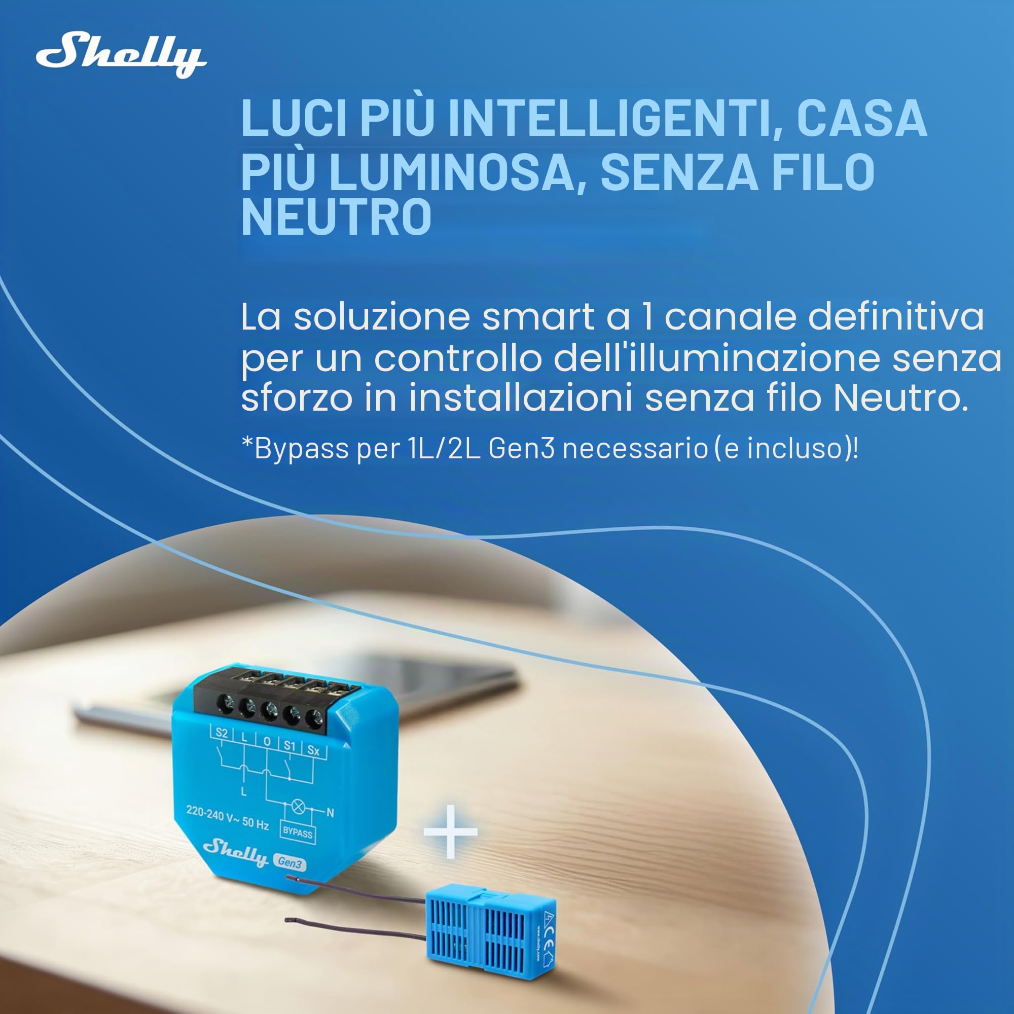 Shelly 1L Gen3 con Bypass - Interruttore Relè Intelligente Wi-Fi & Matter, 1 Canale, 200W Max, Nessun Filo Neutro Richiesto, Controlla Carichi Superiori a 5 W, Alexa & Google, Nessun Hub Richiesto