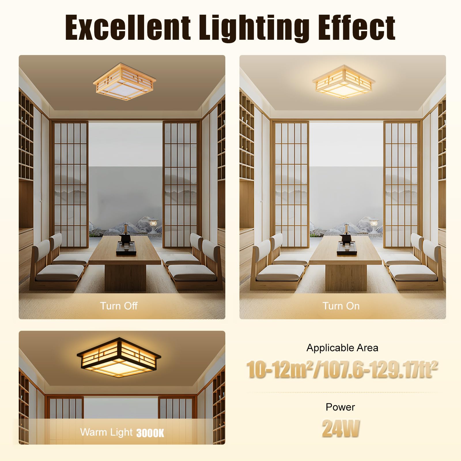 LED Lampen Deckenlampen Holz Quadratisch 3000K 24W Schlafzimmer Lampe Decke Japanische Deckenleuchte für Bad, Küche, Schlafzimmer, Wohnzimmer, Esszimmer (45 x 45cm)