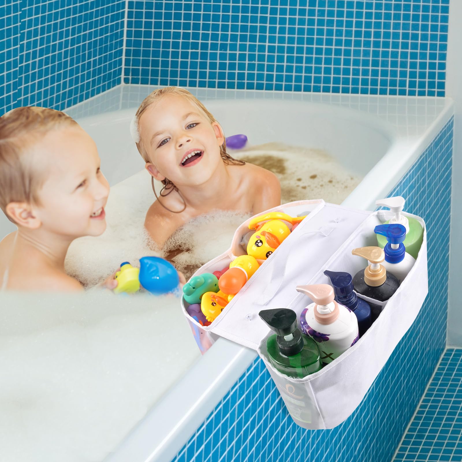 Organizador de almacenamiento de juguetes de baño, soporte grande de juguetes de baño de 4 compartimentos con ventosas, almacenamiento de juguetes para tina de desorden, soporte de juguetes de ducha 6