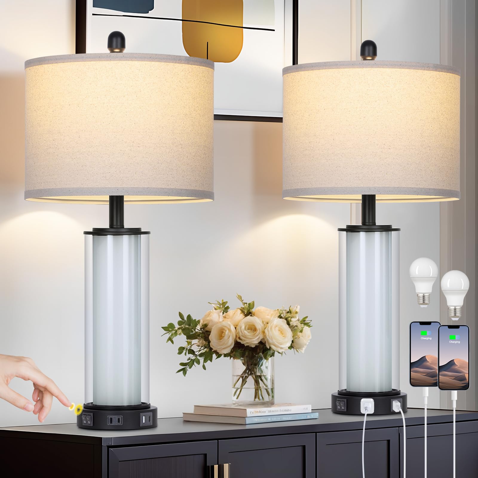 Black Glass Table Lamps Set of 2, 26" Living Room Lamp with Built-in Frosted Glass Night Light, Modern Bedroom Lamp with USB C+A Ports & AC Outlet, Bedside Lamps for Nightstand (4 Bulbs Included)