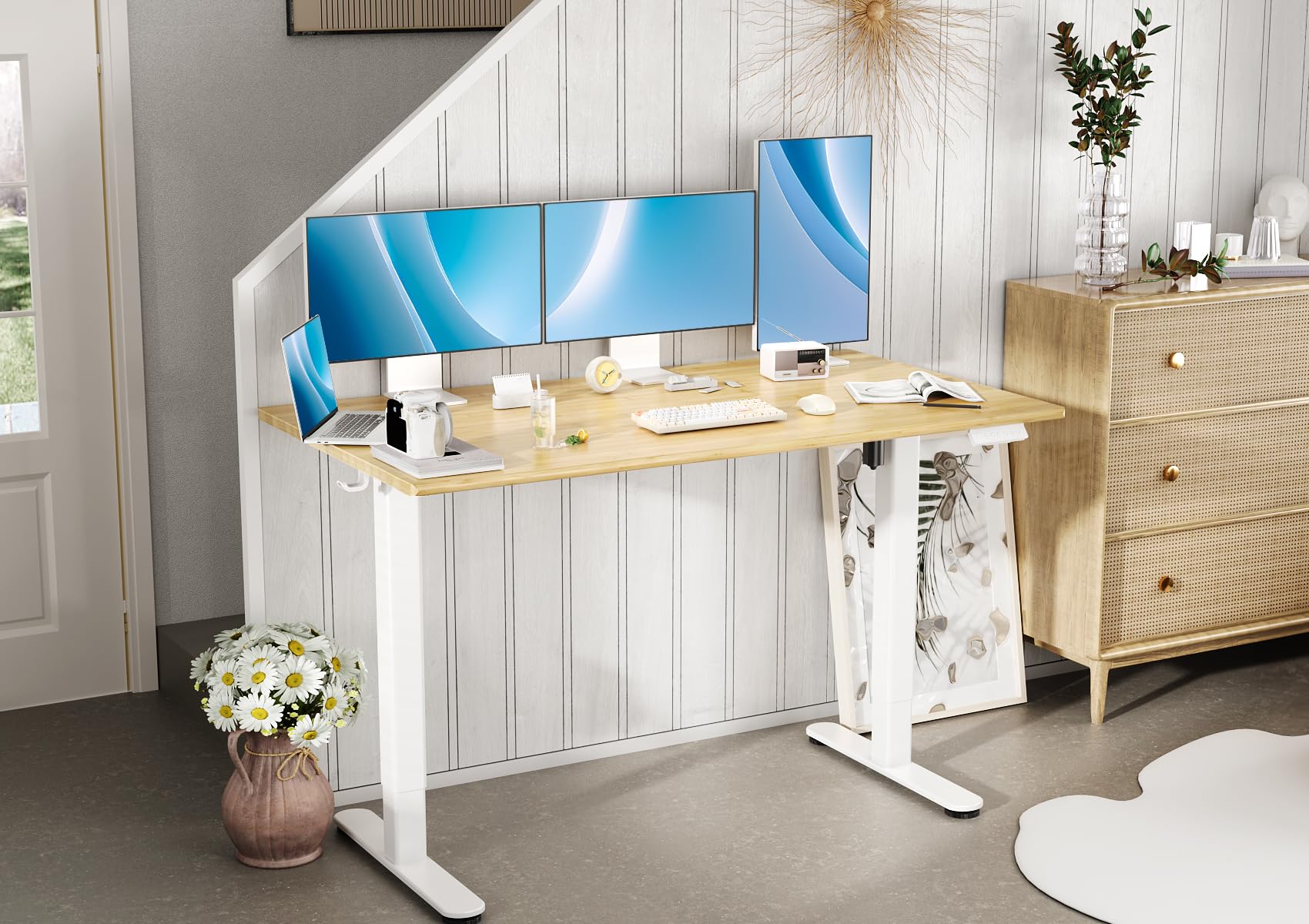 INNOVAR Bamboo Standing Desk, Adjustable Height Electric Stand up Desk with Whole Piece Desktop, 48x24 Inches Sit Stand Home Office Desk White Frame/Nature Top