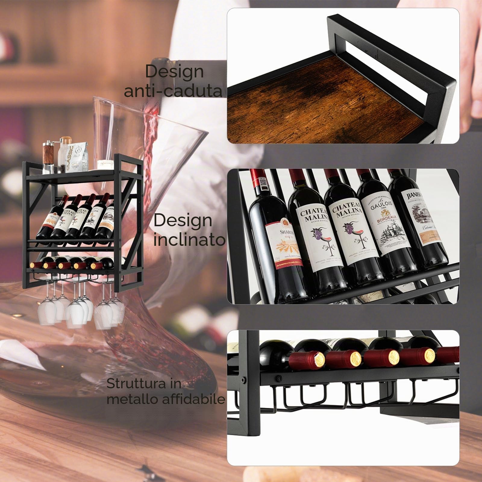 KOMFOTTEU Cantinetta a Parete, Scaffale Vino Decorativo con Portacalici per Coppe, Supporto per Bottiglie Appendibile, 20 kg di Carico per Strato, per Cucina, Cantina, Bar (51 x 26,5 x 60 cm)