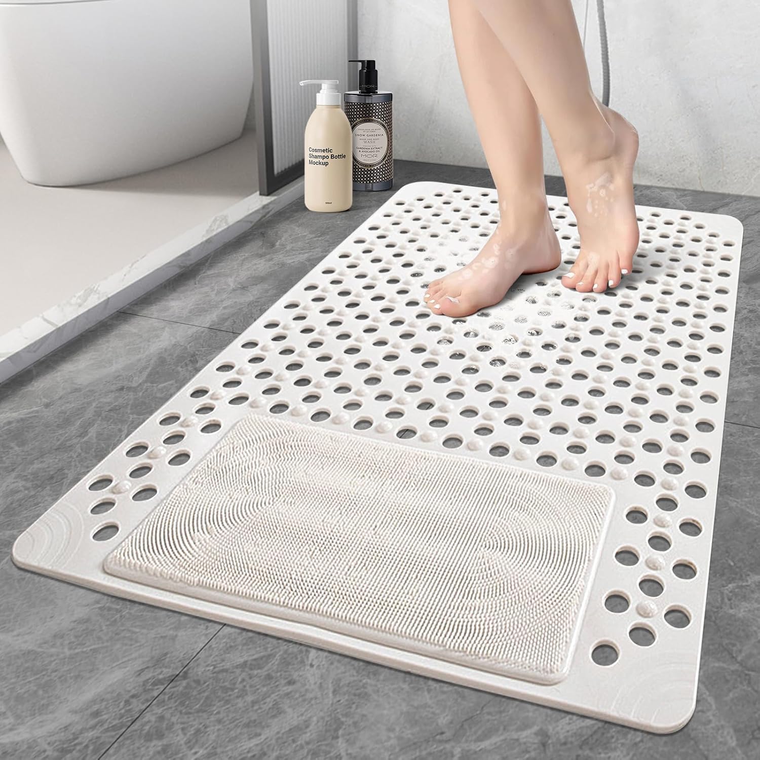 Shower Mat Non Slip: 35.4" x 23.6" Large PVC Heavy Shower Mats for Inside Shower - Quick Dry Shower Foot Scrubber Matt with Drain Hole and Suction Cups for Elderly