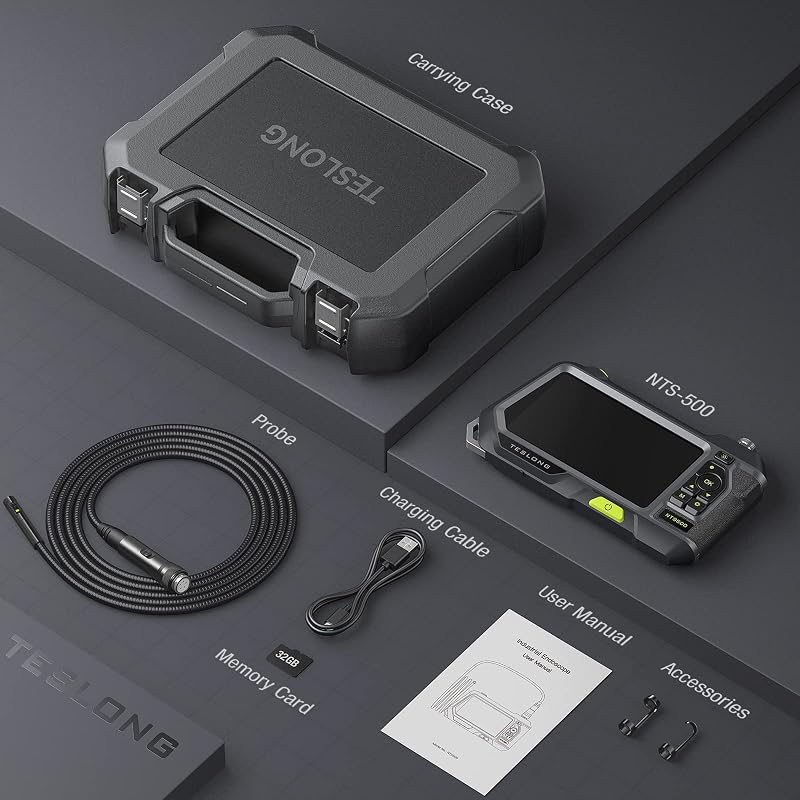 Teslong Endoszkóp Kamera 3 Lencsével, 5" IPS Kijelzővel, 5m Vízálló Vizsgálókamera, Kézi Fókusz, 32GB Kártya, 3500mAh Akkumulátor