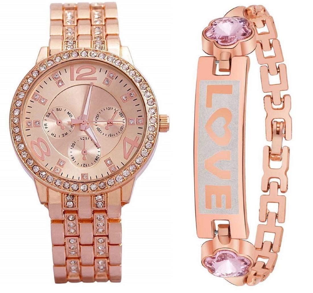ZUPERIA Diamond Studded Rose Gold Analogue Watch with Rose Gold Love Bracelet (B0852J75LN) Amazon Price History, Amazon Price Tracker