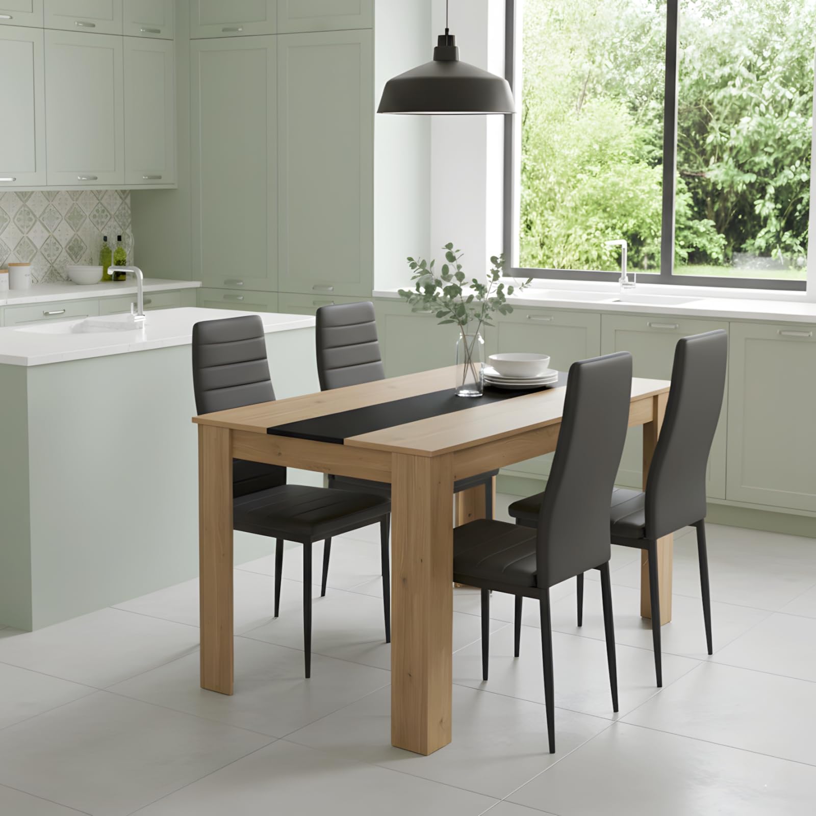Ensemble Table à Manger Rectangulaire 110 cm avec 4 Chaises, Similicuir Gris, pour Petit Espace Cuisine Salle à Manger et Salon (Chêne + Gris)