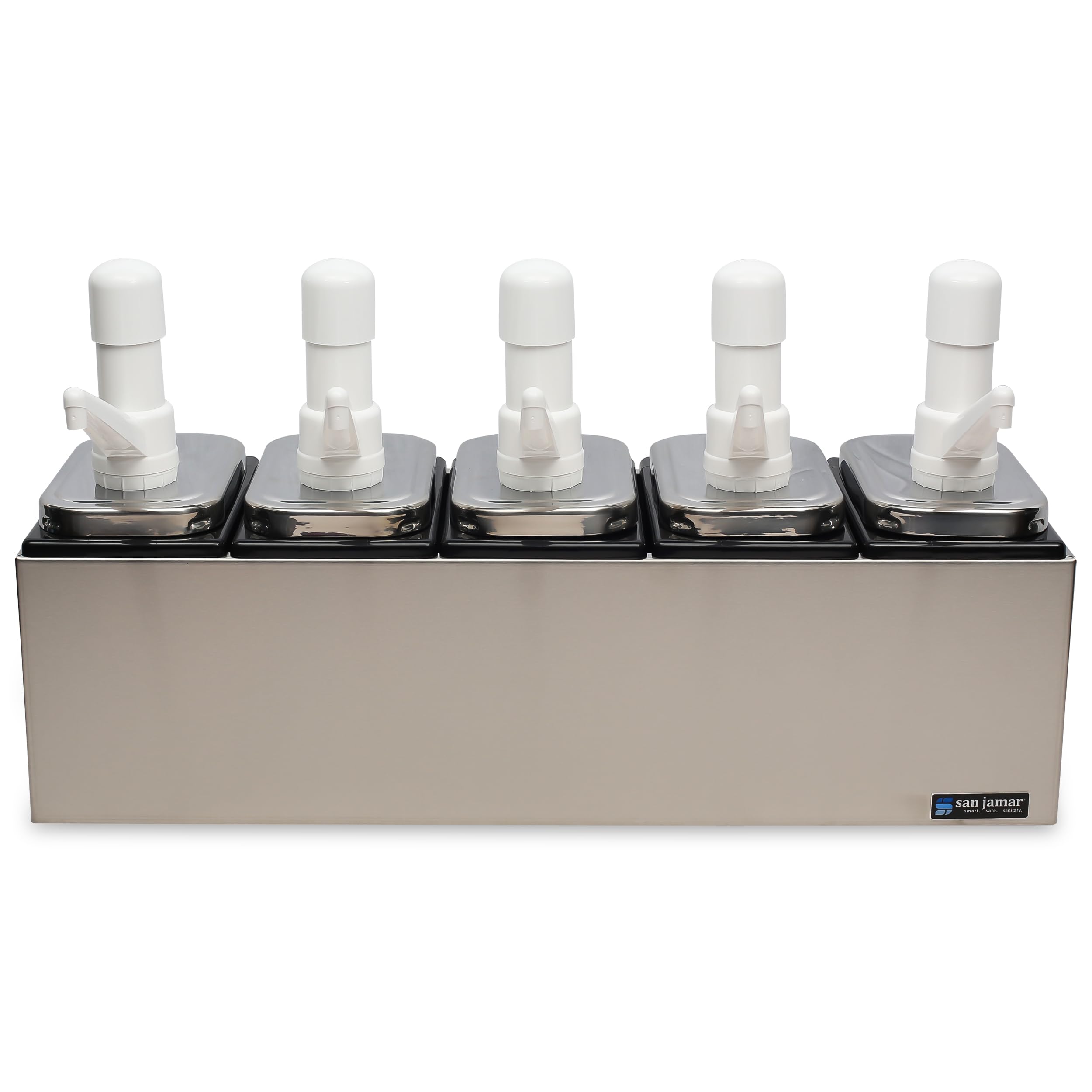 Stainless Steel Condiment Pump Service Center with 5 Wells Black Jars by San Jamar – Stainless Steel, Stainless, Model P9715