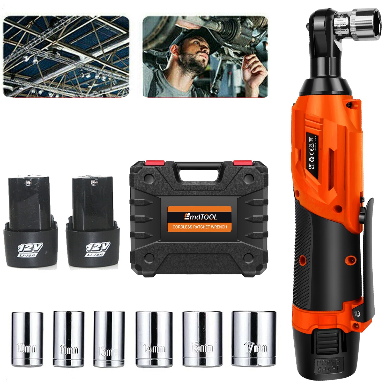DayPlus Llave de carraca con batería, 2300 RPM 12V Destornillador de carraca eléctrico potente con 7 llaves de vaso, 2 x 1,5Ah baterías de iones de litio y cargador rápido, Naranja
