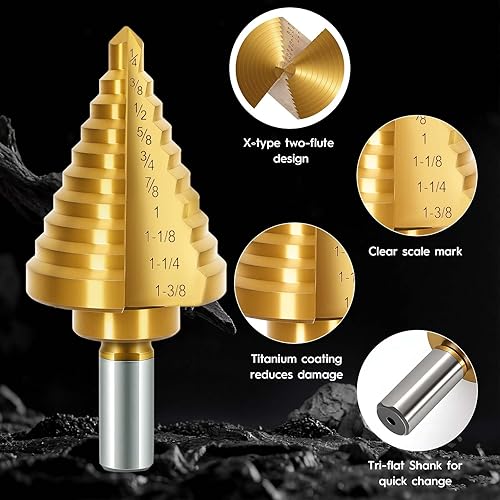 Miniatura 2 de Broca escalonada de titanio 4241 HSS con dos ranuras rectas, broca escalonada de 1/4 a 1-3/8 pulgadas para metal, 10 tamaños HSS para metal, 1 pieza
