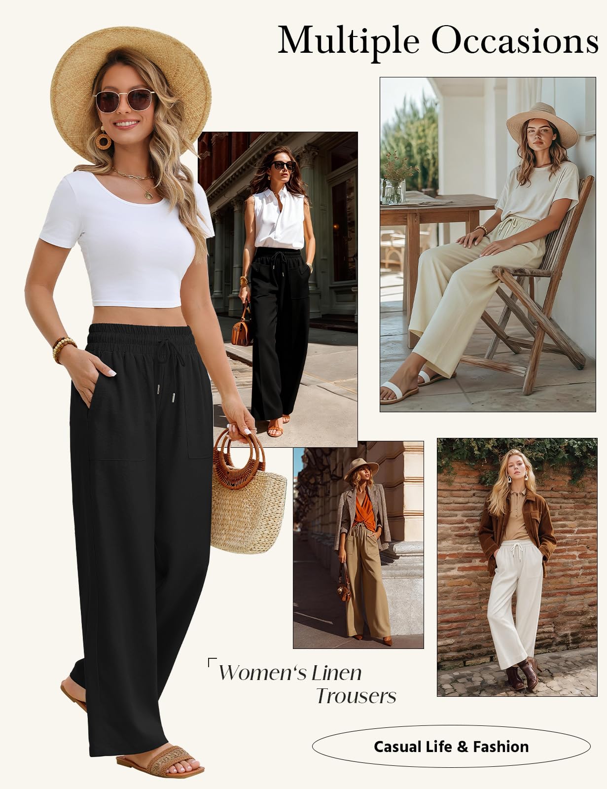 Pantalon Lin Femme Pantalon Large Été Elastique Taille Haute Pantalon Fluide Ample Décontractée Palazzo Pants Plage Pantalons Elegant avec Poches