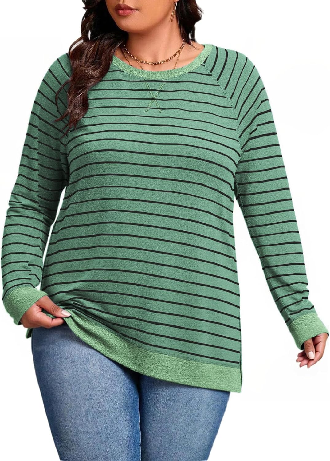 VISLILY Womens-Plus-Size-Sweatshirts Trendy Striped Color Block Tops Casual Raglan Long Sleeve Shirts Side Split Hem Tunics - Image 2