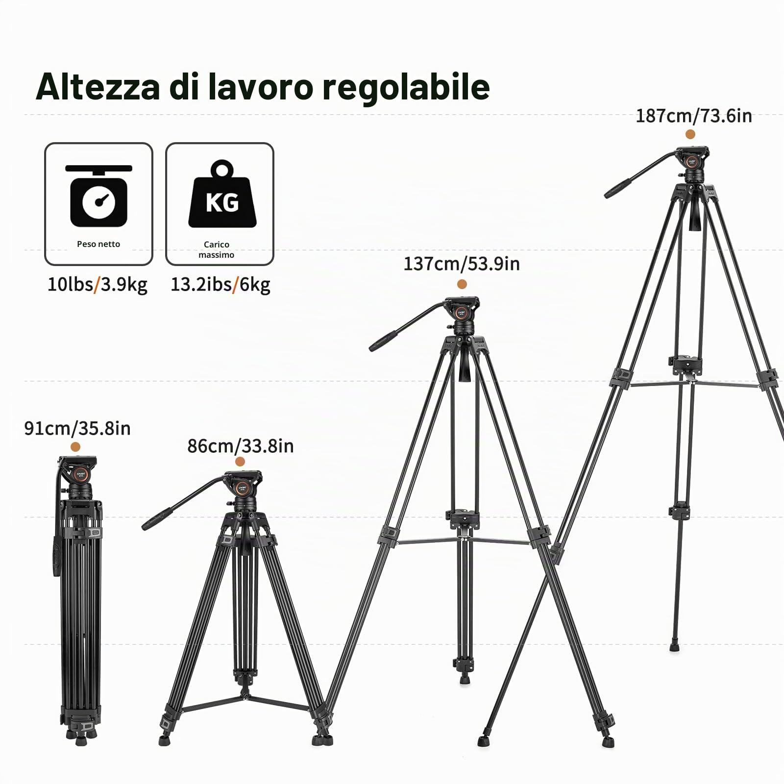 Cayer BF30L Treppiede video con testa fluida, treppiede resistente da 73" con testa fluida a 360 gradi e piastra a sgancio rapido per DSLR, videocamere, fotocamere, carico di gioco di 17,6 LB