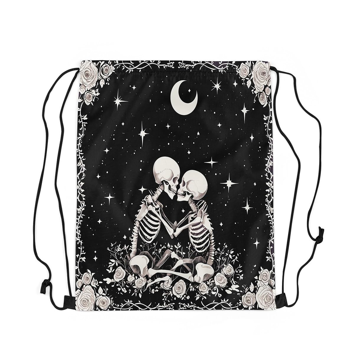 Loussiesd Gothic Skull Drawstring Backpack 40x33cm Sugar Skull Gym String Bag Couple Lover Drawstring Bags Women Men Boho Skeleton Lover Waterproof Cinch Bag