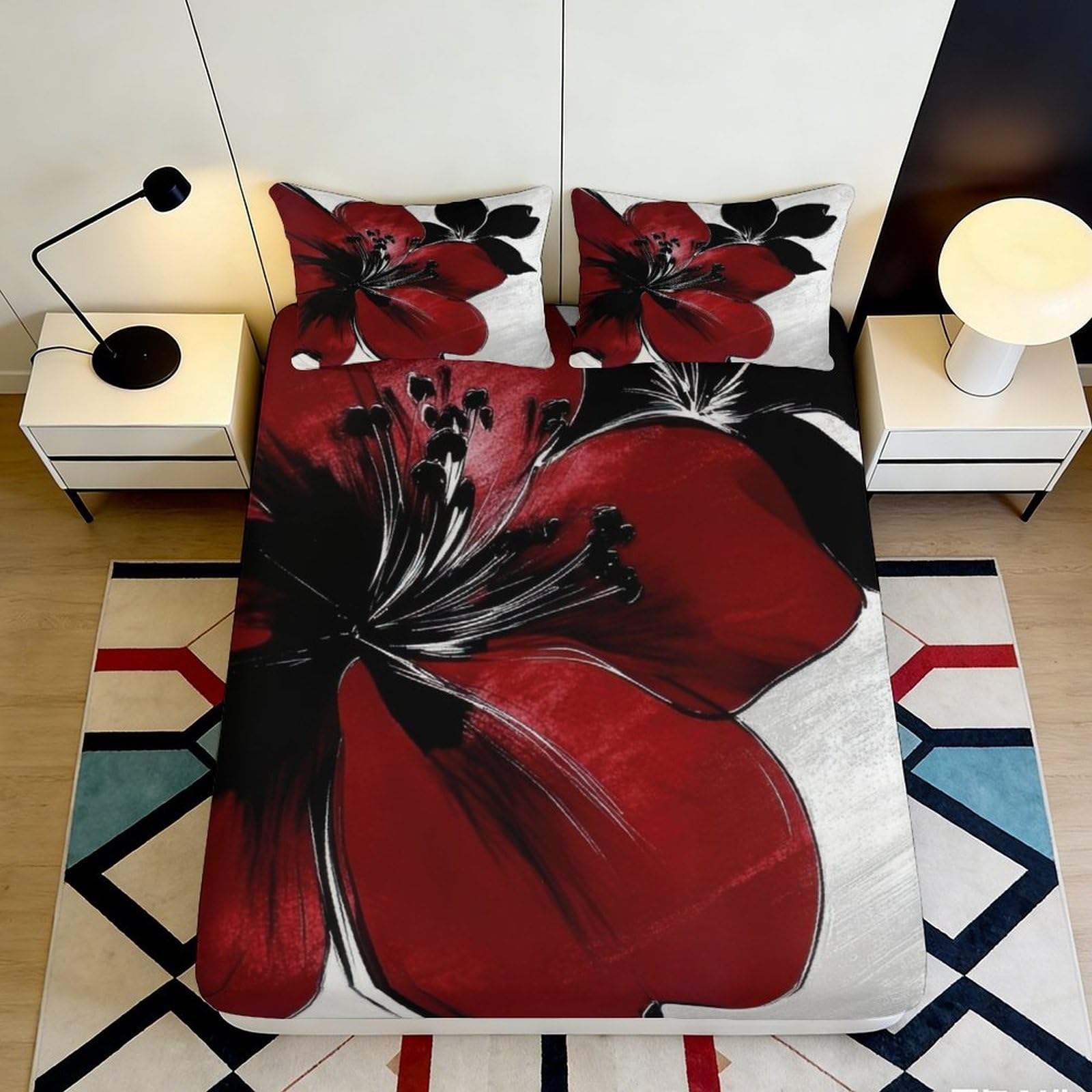 3D Printed Red Flower Fitted Sheet Microfiber Soft Non Slip Black Blossom Mattress Cover for Bedroom Dorm Easy Care Decor 120x200cm 120x200x25cm