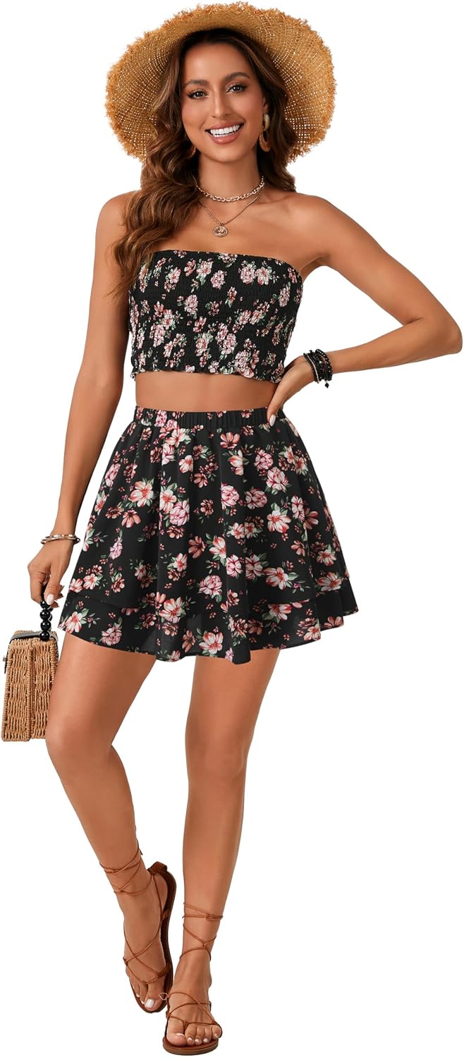 Rooscier Women's 2 Piece Floral Print Sleeveless Tube Crop Tops and Ruffle Layered Mini Skirt Set - Image 6