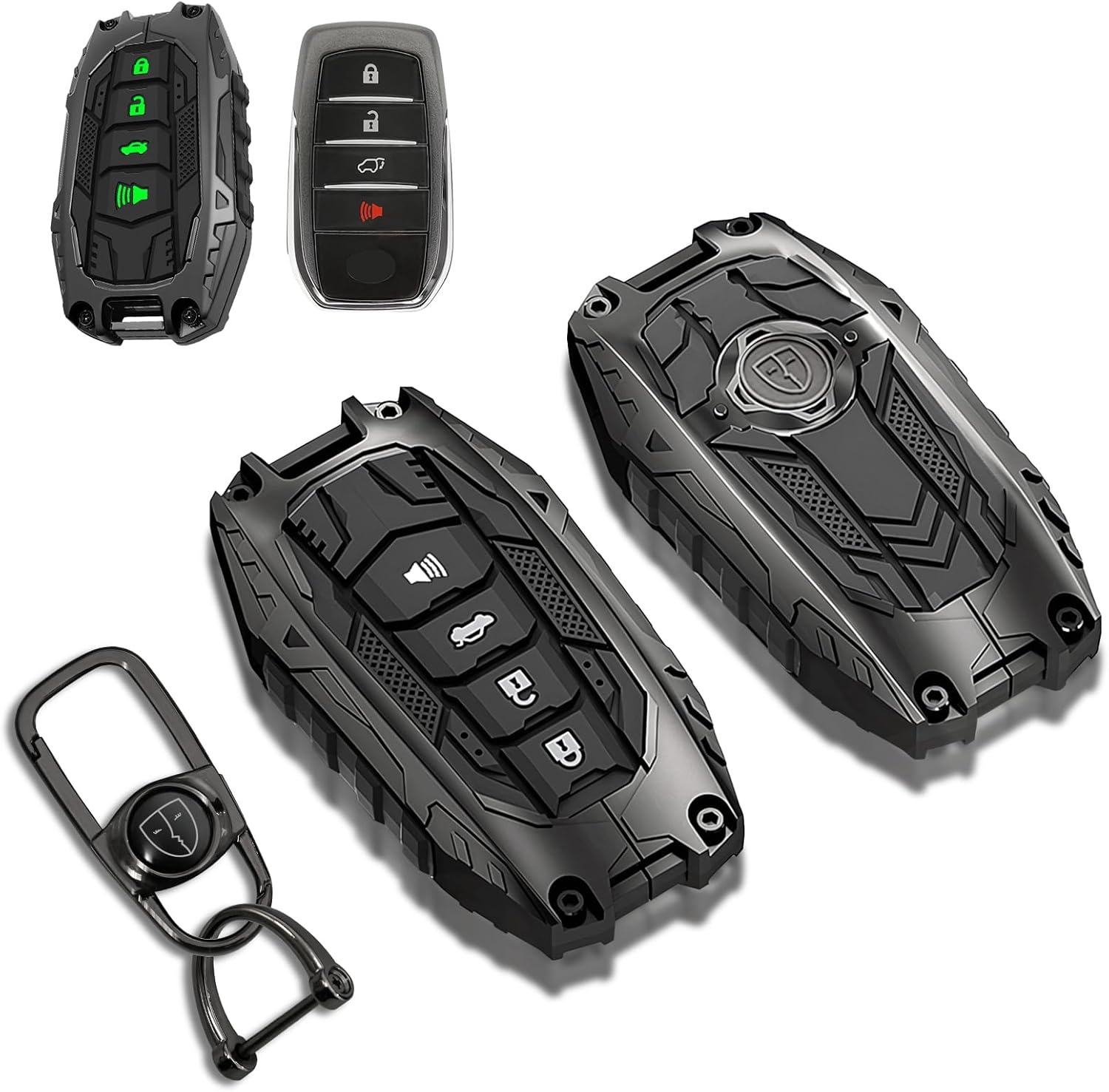 Mech Style Heavy Metal Key Fob Cover for Toyota Tundra 2022-2025 2026, 2025 2026 Camry, Corolla Cross Tacoma 4Runner Sequoia Grand Highlander etc, Zinc Alloy Key Case Protector, 4 Buttons, Gunmetal