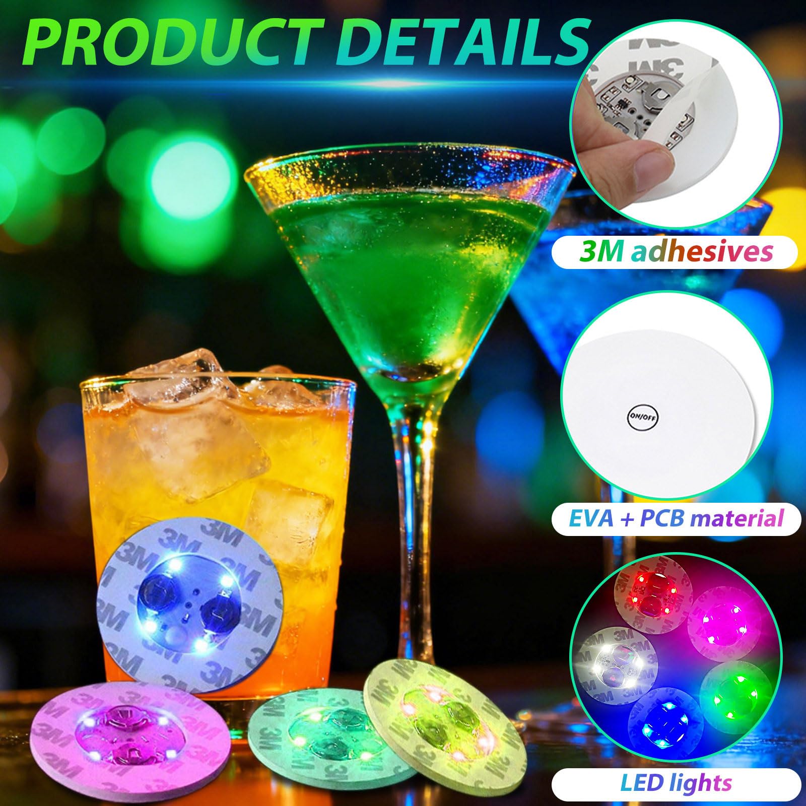 Posavasos LED Autoadhesivos 6cm 7 Modos de Luz 16 Piezas