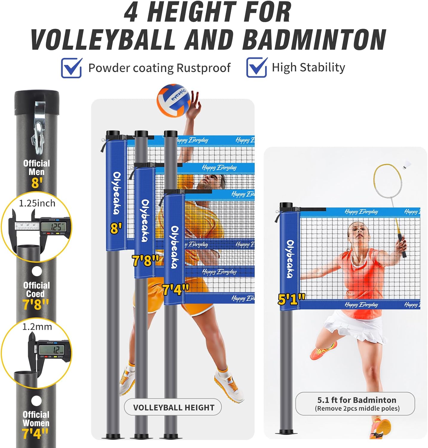 Outdoor Volleyball Badminton Combo Set with Net, Anti-Sagging Design, 4 Badminton Rackets, 3 Birdies and PU Volleyball for Backyard Lawn Beach
