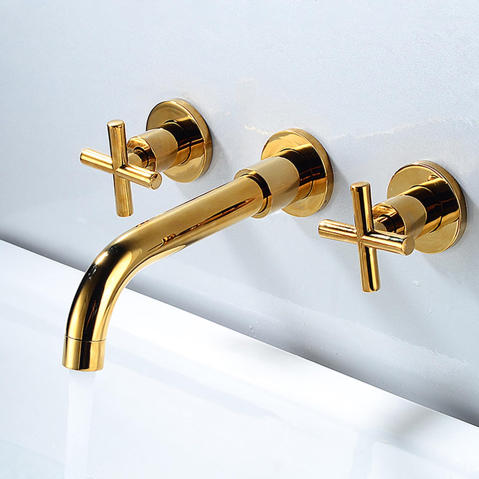 XJTNLB Rubinetti Bagno a Croce Rubinetto da Muro per Lavatoio Girevole 360° Miscelatore Lavabo Bagno in Ottone,Oro