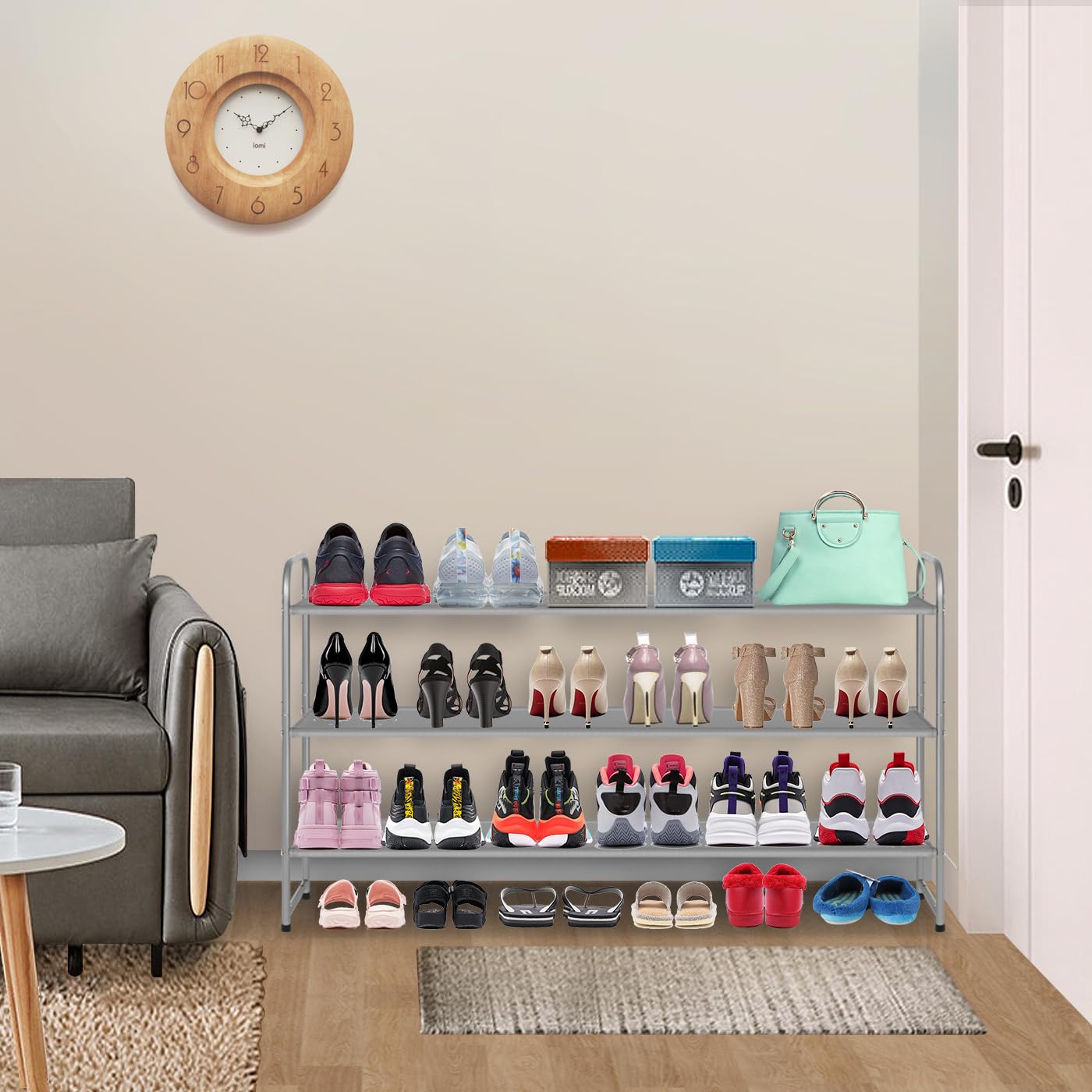 MISSLO Lange Schuhregal mit 3 Ebenen für Schrank Breit stapelbar Metall Schuhständer, 24-Paare Schuhablage Schuhorganizer für Schlafzimmer (Grau)