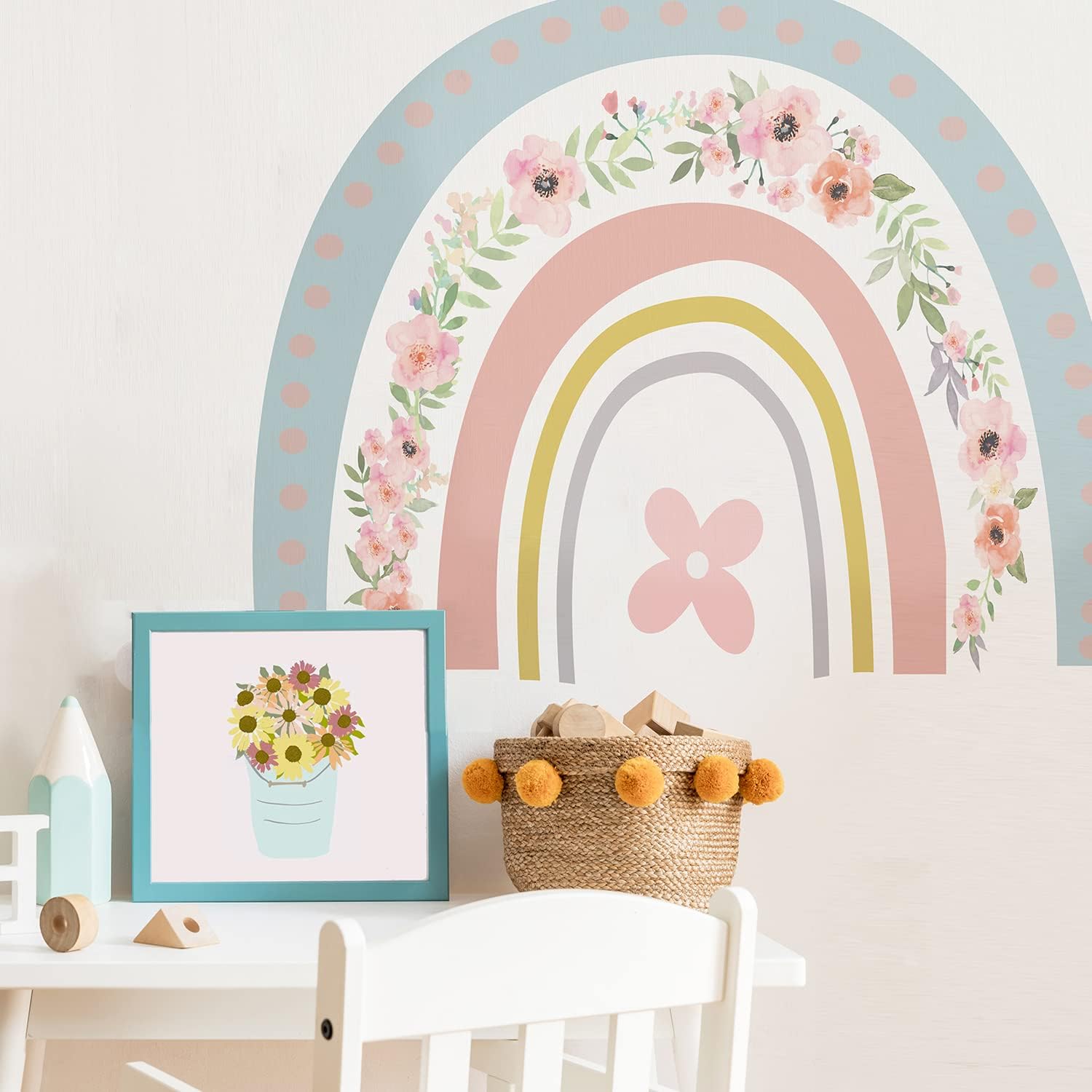 funlifeLarge Flower Rainbow Wall Decals Peel and Stick, Self Adhesive Colorful Rainbow Wall Sticker for Girls Bedroom Decor, Kids Nursery Room Decoration, 27.56" x 22.44"